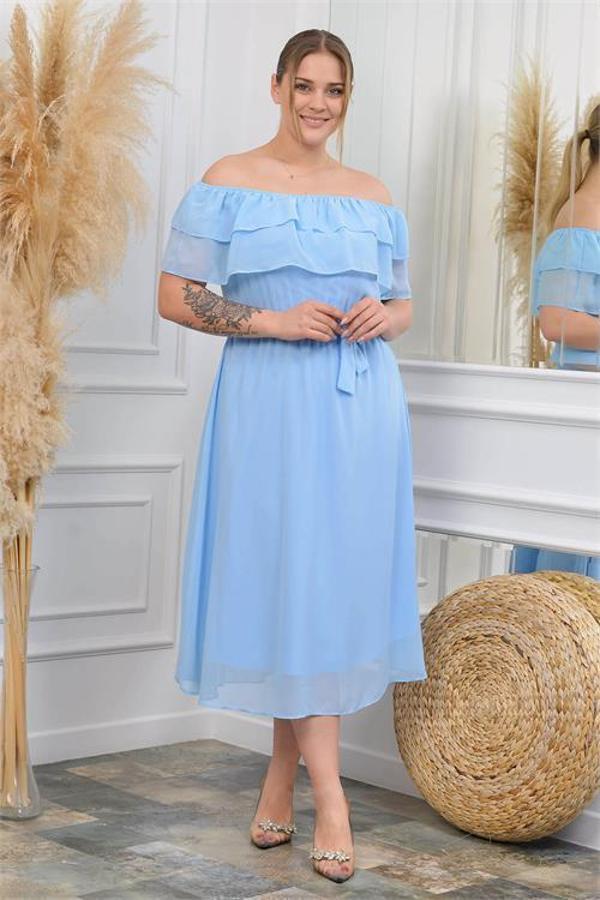 Dip Moda kadın bebe mavisi kuşaklı büyük beden şifon elbise DP8061 - Image 1