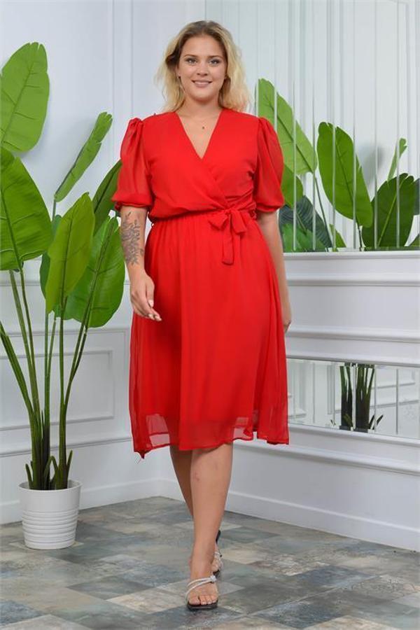 Dip Moda kadın kruvaze yaka midi boy büyük beden şifon elbise DP8062 - Image 1