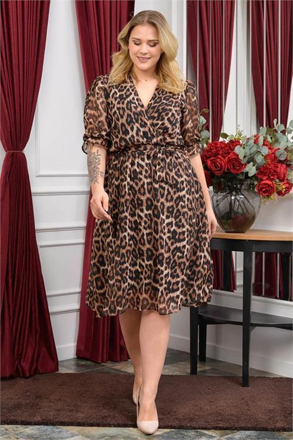 Dip Moda kadın yeni sezon leopar desenli büyük beden şifon elbise RY80622 - Image 1