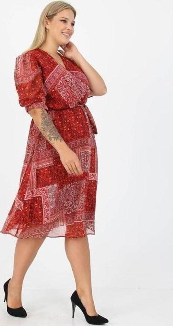 Dip Moda kadın kruvaze yaka midi boy büyük beden etnik Desenli şifon elbise DP80623 - Image 1