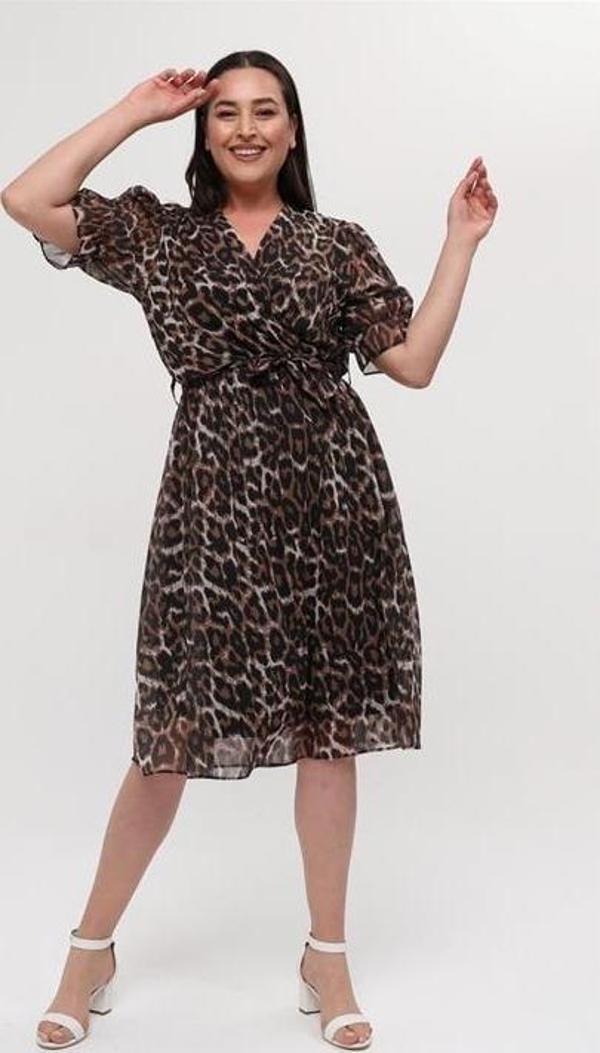 Dip Moda kadın büyük beden leoopar desenli midi boy elbise NM8062 - Image 1