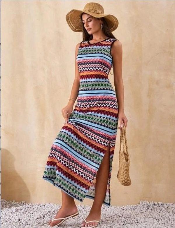 Kadın Bisiklet Yaka Cizgi Desen Süprem Elbise - Image 1