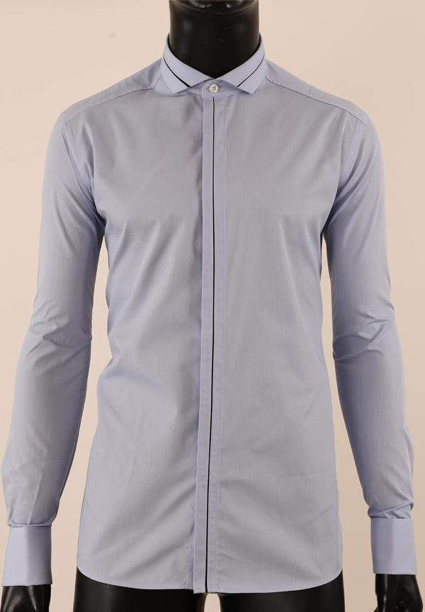 Uzun Kol Slim Fit Damatlık Mavi Gömlek - Image 1
