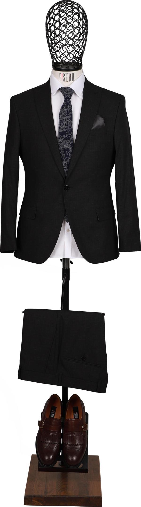 Slim Fit Yünlü Siyah Takım Elbise - Image 1