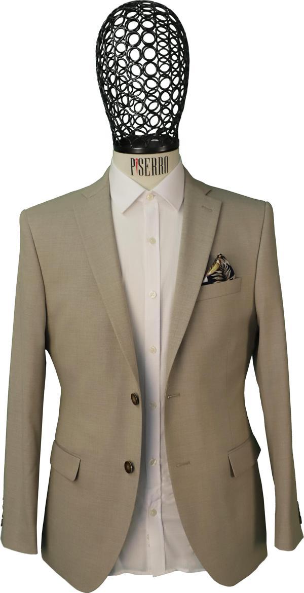Slim Fit Yünlü Klasik Desenli Bej Rengi Yün Ceket - Image 1