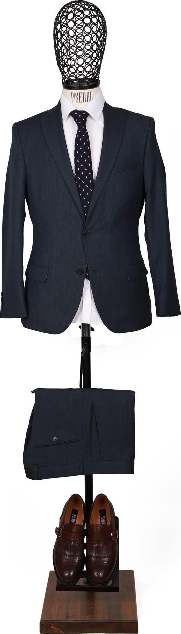 Slim Fit Yünlü Lacivert Takım Elbise - Image 1