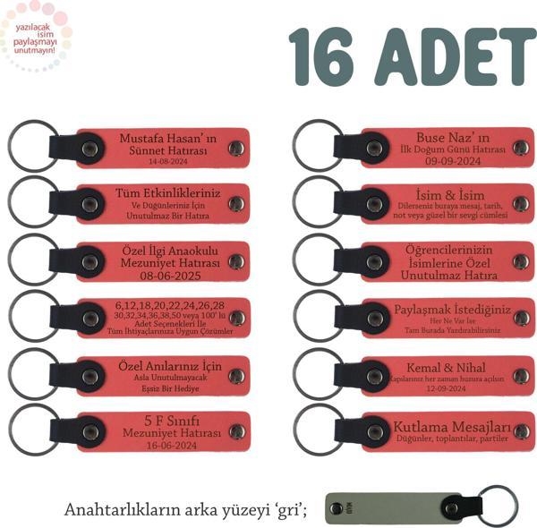 Nar Çiçeği & Gri, 40 Uçurma Mevlüdü İçin Üzerine İsim Yazılabilen 16'lı, Anı Anahtarlık Set - Image 1