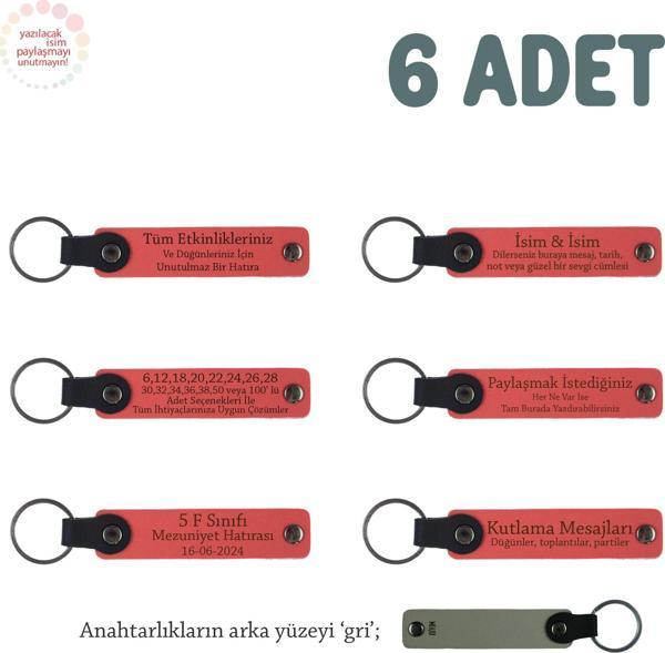 Nar Çiçeği & Gri, Evlilik Yıldönümü Hediyesi, İsme Özel, 6'lı Hatıra Deri Anahtarlık Set - Image 1