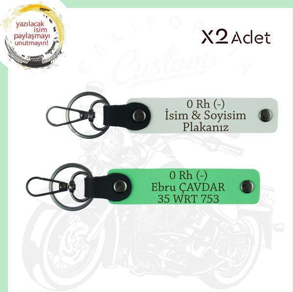 Beyaz-Fıstık Yeşil, Motorcu Arkadaşlara, İsim Plaka ve 0 Rh- Kan Grubu Yazılı Acil Durum Anahtarlığı - Image 1