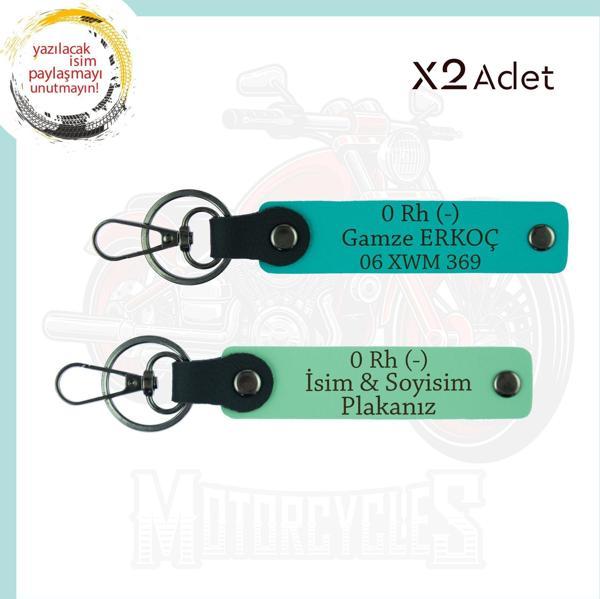 Yeşil-Koyu Turkuaz, Stiline Özel, İsim Plaka, 0 Rh (-) Kan Grubu Yazılı Motorcu 2'li Anahtarlıkları - Image 1