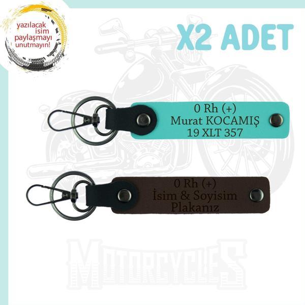 Koyu Kahve-Turkuaz, Motor Sevene Özel, İsim Plaka ve 0 Rh (+) Kan Grubu Yazılı 2'li Set Anahtarlık - Image 1