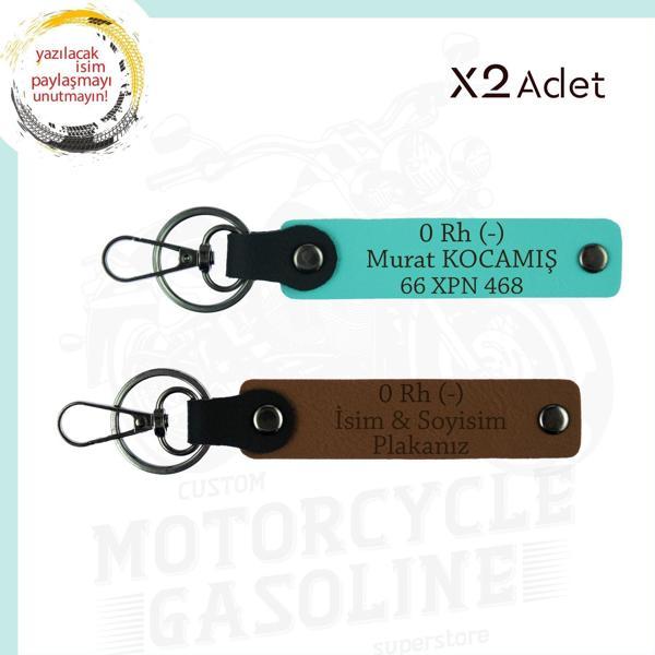 Açık Kahve-Turkuaz, Motorcuya, İsim Plaka ve 0(-) Kan Grubu Yazılı Kişiselleşmiş 2'li Set Anahtarlık - Image 1