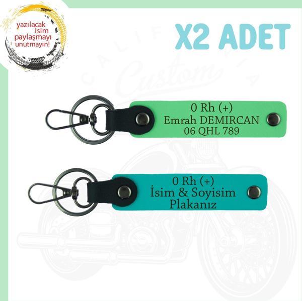 Koyu Turkuaz-Fıstık Yeşil, Motosiklet Sevene İsim Plaka ve 0 Rh (+) Kan Grubu Yazılı 2'li Anahtarlık - Image 1