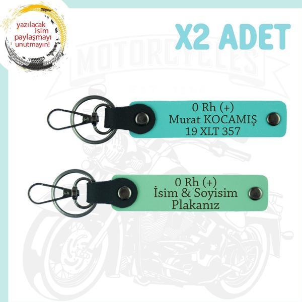 Yeşil-Turkuaz, Motor Severlere, İsim Plaka ve 0 Rh (+) Kan Grubu Yazılı Özel Tasarım x2 Anahtarlık - Image 1