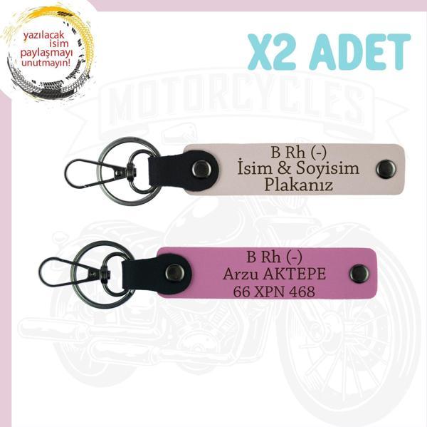 Pudra-Pembe, Motor Severlere, İsim Plaka ve B - Kan Grubu Yazılı Özel Tasarım Deri 2'li Anahtarlık - Image 1