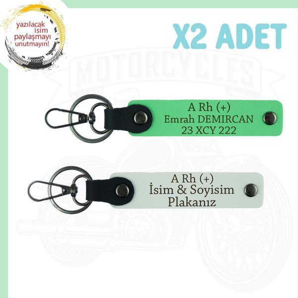 Beyaz-Fıstık Yeşil, Motorcu Arkadaşlara, İsim Plaka ve A RH+ Kan Grubu Yazılı Acil Durum Anahtarlığı - Image 1