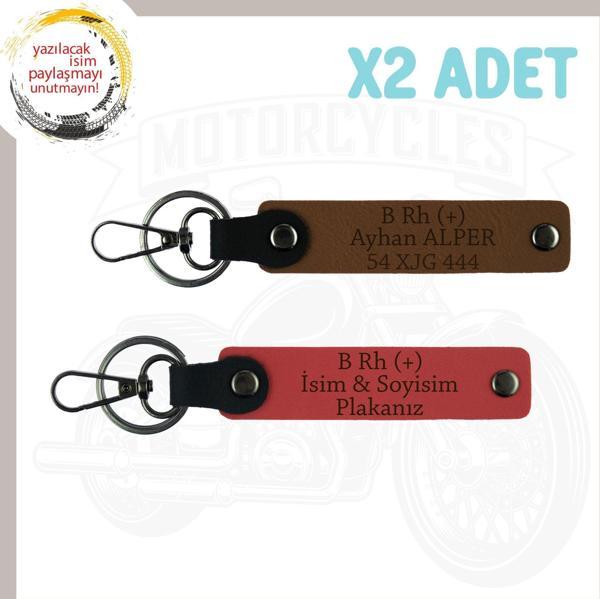Nar Çiçeği-Açık Kahve, Biker Stiline, İsim Plaka ve B Rh (+) Kan Grubu Yazılı Motor 2'li Anahtarlık - Image 1