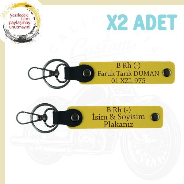 Sarı, Biker Tarzına Uygun, İsim Plaka ve B Rh (-) Kan Grubu Yazılı Özel Anlamlı 2'li Anahtarlık - Image 1