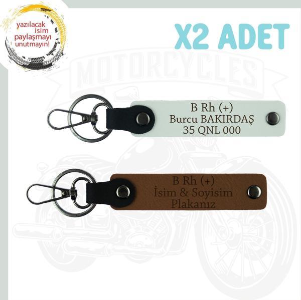 A. Kahve-Beyaz, Motorculara Özel, İsim Plaka ve B (+) Kan Grubu Yazılı Kişisel 2'li Anahtarlık Seti - Image 1
