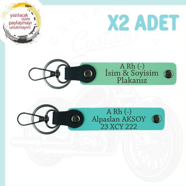 Yeşil-Turkuaz, Motor Severlere, İsim Plaka ve A Rh (-) Kan Grubu Yazılı Özel Tasarım x2 Anahtarlık - Image 1