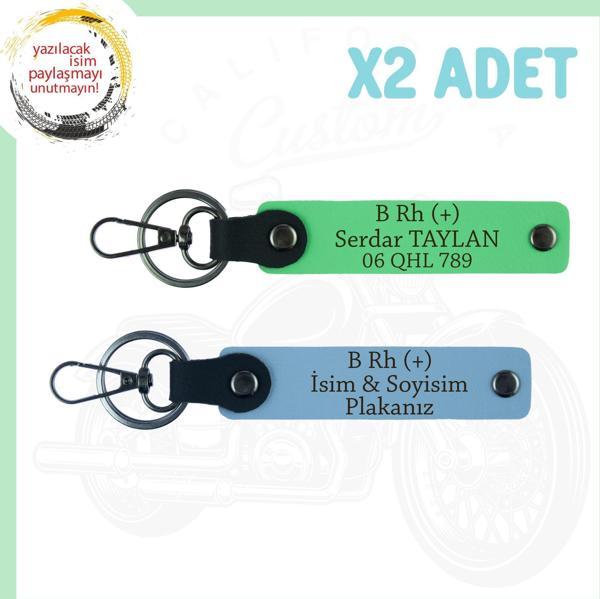 Gök Mavi-F. Yeşil, Biker Dostlarına, İsim Plaka ve B Rh (+) Kan Grubu Yazılı, Motor 2'li Anahtarlık - Image 1