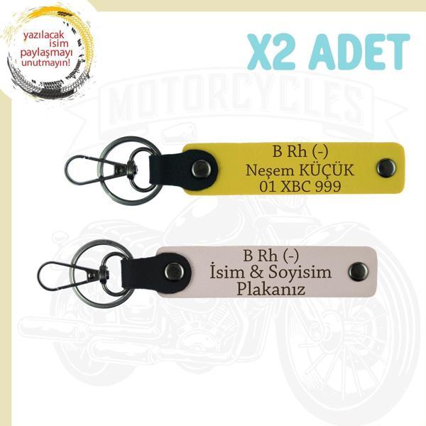 Pudra-Sarı, Biker Dostlarına, İsim Plaka ve B Rh (-) Kan Grubu Yazılı Hediyelik Deri 2'li Anahtarlık - Image 1
