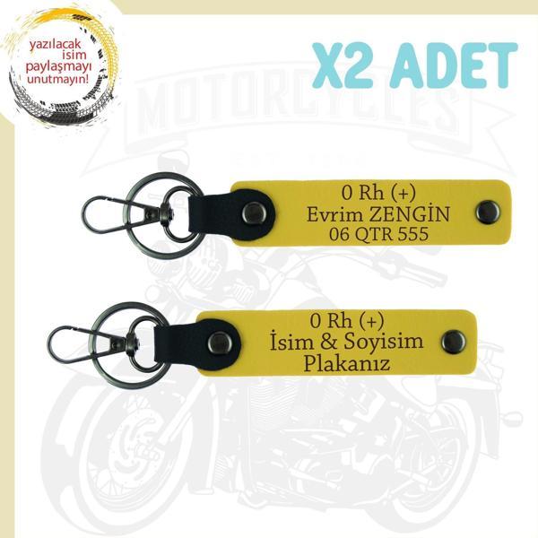 Sarı, Biker Tarzına Uygun, İsim Plaka ve 0 Rh (+) Kan Grubu Yazılı Özel Anlamlı 2'li Anahtarlık - Image 1
