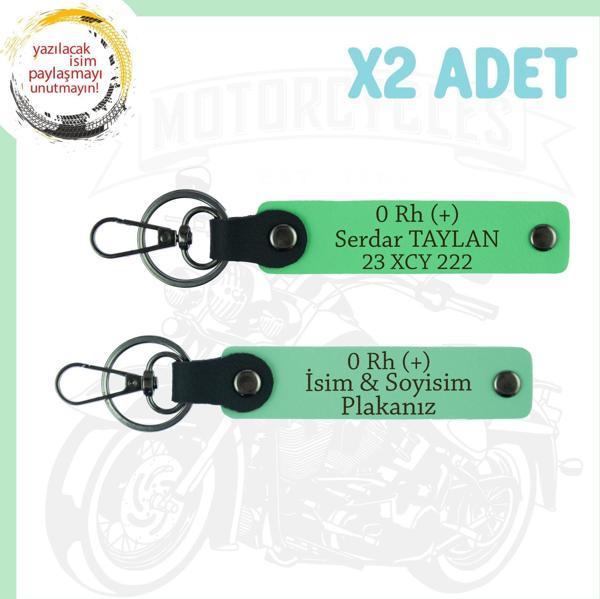 Yeşil-F Yeşil, Motosiklet Aşıklarına Özel, İsim Plaka ve 0 Rh (+) Yazılı Acil Durum 2'li Anahtarlık - Image 1