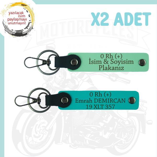Yeşil-Koyu Turkuaz, Stiline Özel, İsim Plaka, 0 Rh (+) Kan Grubu Yazılı Motorcu 2'li Anahtarlıkları - Image 1