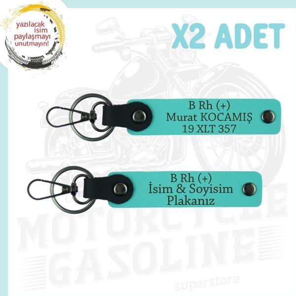 Turkuaz, Motor Plaka ve İsim Anahtarlığında! İsim Plaka ve B Rh (+) Kan Grubu Yazılı 2'li Anahtarlık - Image 1