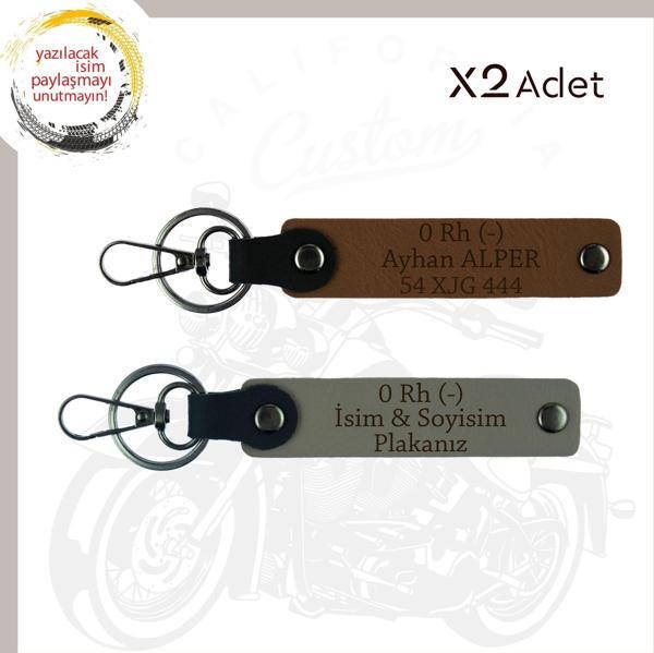 Kül Gri-Açık Kahve, Motor Severlere, İsim Plaka ve 0 Rh (-) Kan Grubu Yazılı 2'li Anahtarlık Set - Image 1