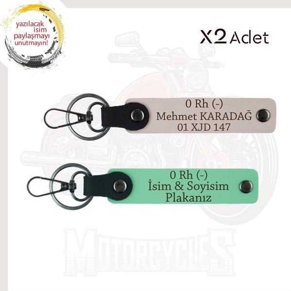Yeşil-Pudra, Motorcu Tarzına, İsim Plaka ve 0 Rh (-) Kan Grubu Yazılı Hediyelik 2'li Anahtarlık Set - Image 1