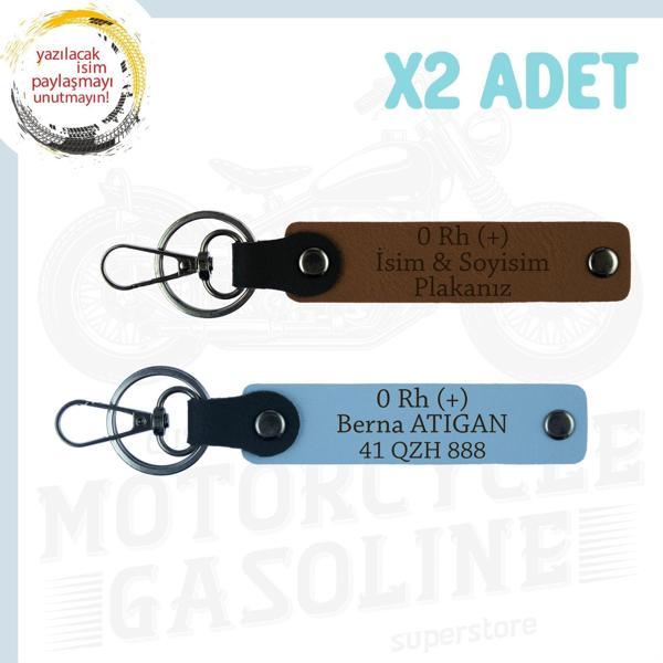 Açık Kahve-Gök Mavi, Güvenli Sürüş İçin, İsim Plaka ve 0 Rh (+) Kan Grubu Yazılı Motorcu Anahtarlığı - Image 1