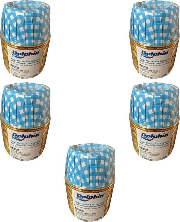 Dolphin Muffin Kağıt Karton  Altın Mavi Desenli Cupcake Kek Kalıbı Kapsülü Kabı - 25 Adetlik 5 Paket - Image 1