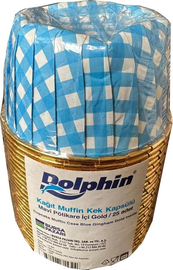 Dolphin Muffin Kağıt Karton Altın Mavi Desenli Cupcake Kek Kalıbı Kapsülü Kabı - 25 Adetlik 1 Paket - Image 1