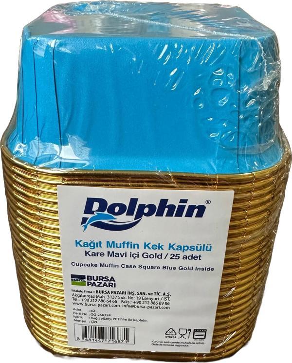 Dolphin Muffin Kare Kağıt Mavi Altın Cupcake Kek Kalıbı Kapsülü Kabı - 25 Adetlik 1 Paket - Image 1