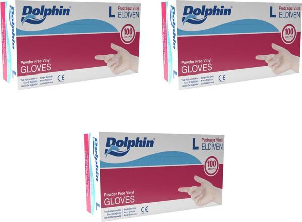 Dolphin Pudrasız Vinil Vinyl Tek Kullanımlık Eldiven Şeffaf Large Büyük Boy - 100'lü 3 Paket - Image 1