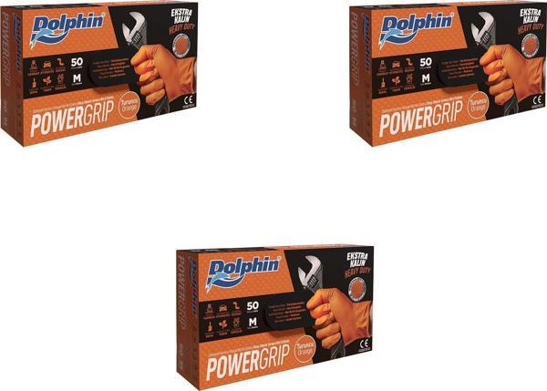Dolphin Nitril PowerGrip Ekstra Kalın Elmas Dokulu Eldiven Turuncu Meidum Orta Boy - 50'li 3 Paket - Image 1