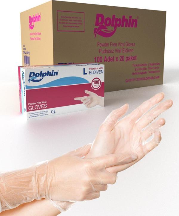 Dolphin Pudrasız Vinil Vinyl Tek Kullanımlık Eldiven Şeffaf Large Büyük Boy - 100'lü 20 Paket -Koli - Image 1