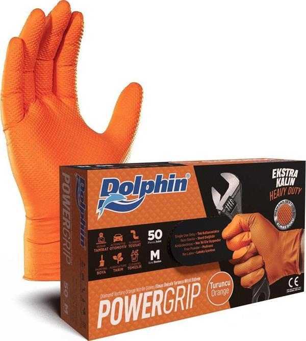 Dolphin Nitril PowerGrip Ekstra Kalın Elmas Dokulu Eldiven Turuncu Meidum Orta Boy - 50'li Paket - Image 1