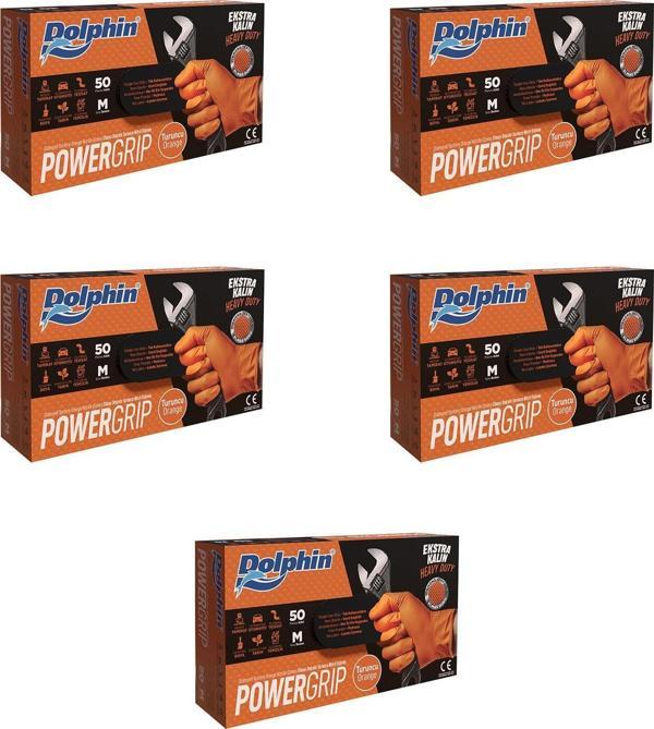Dolphin Nitril PowerGrip Ekstra Kalın Elmas Dokulu Eldiven Turuncu Meidum Orta Boy - 50'li 5 Paket - Image 1