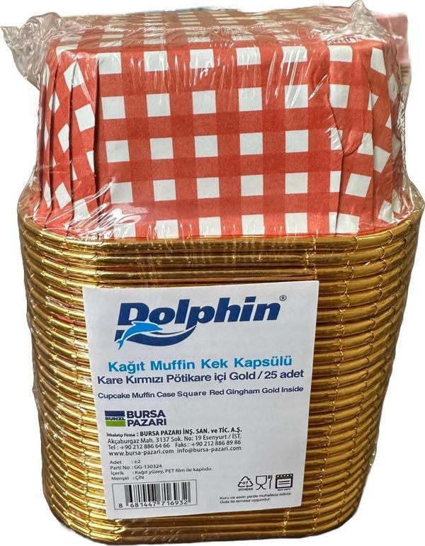 Dolphin Muffin Kare Kağıt Kırmızı Puantiyeli Altın Kek Kalıbı Kapsülü Kabı - 25 Adetlik 1 Paket - Image 1