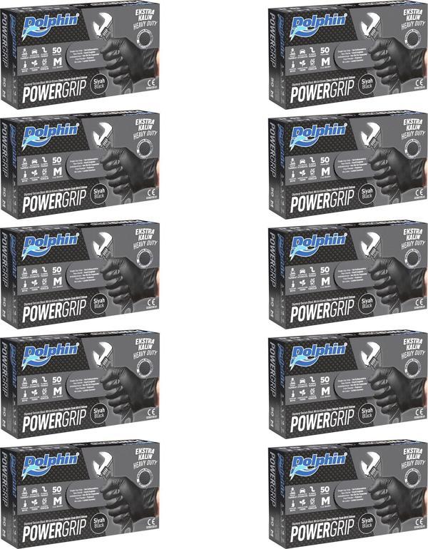 Dolphin Nitril PowerGrip Ekstra Kalın Elmas Dokulu Eldiven Siyah Meidum Orta Boy - 50'li 10 Paket - Image 1