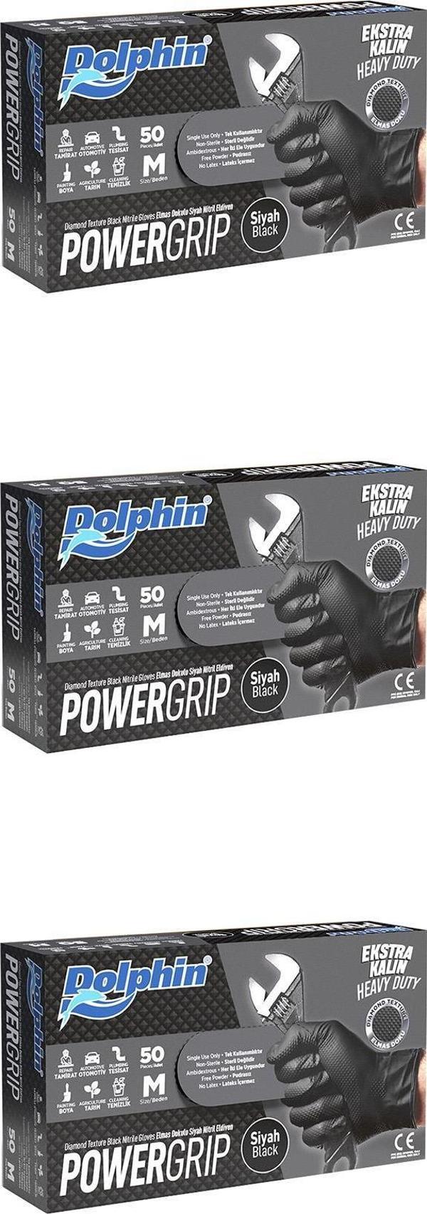 Dolphin Nitril PowerGrip Ekstra Kalın Elmas Dokulu Eldiven Siyah Meidum Orta Boy - 50'li 3 Paket - Image 1
