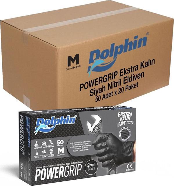 Dolphin Nitril PowerGrip Ekstra Kalın Elmas Dokulu Eldiven Siyah Meidum Orta Boy - 50'li 20 Paket - Image 1