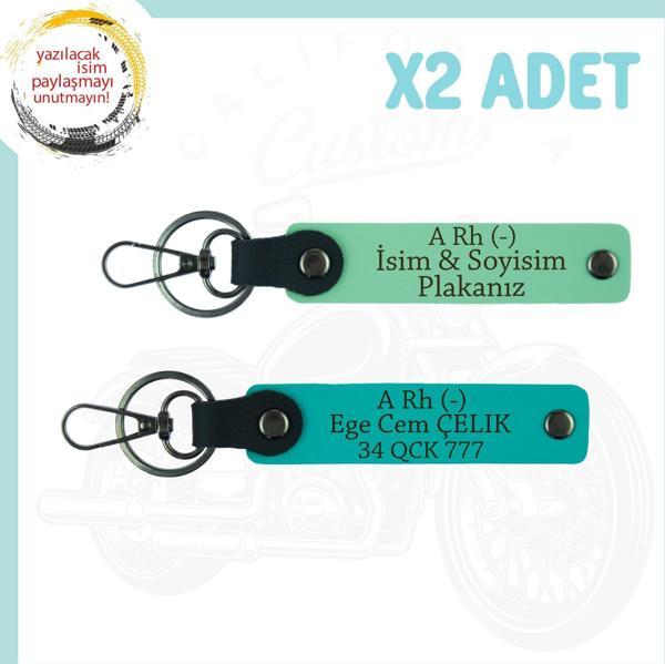 Yeşil-Koyu Turkuaz, Stiline Özel, İsim Plaka, A Rh (-) Kan Grubu Yazılı Motorcu 2'li Anahtarlıkları - Image 1