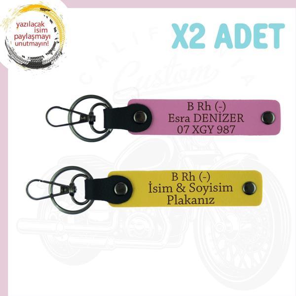 Sarı-Pembe, Motosiklet Severlere, İsim Plaka ve B Rh (-) Kan Grubu Yazılı Acil Durum 2'li Anahtarlık - Image 1