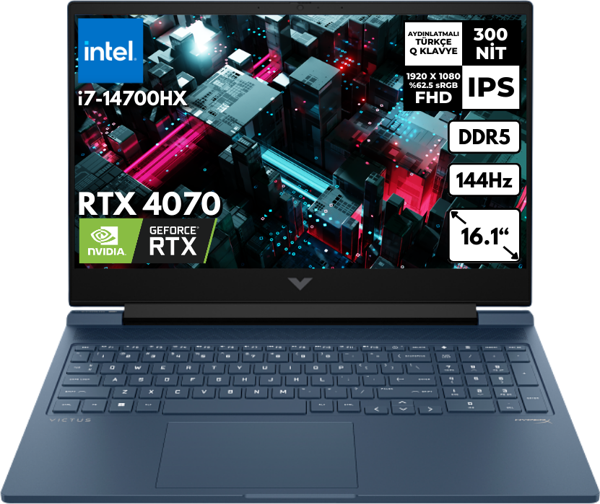 HP Victus 16-R1021NT i7-14700HX 8GB 512 GBSSD RTX4070 (8GB) 16.1" FHD Freedos Gaming Notebook 9J223EAHMF16 - Image 1