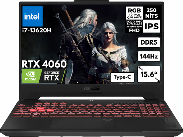 Asus TUF Gaming F15 i7-13620H 8-GBDDR5 512 GBSSD RTX4060 (8GB-140W) 15.6" FHD 144Hz Freedos FX507VV-LP241HMF16 - Image 1