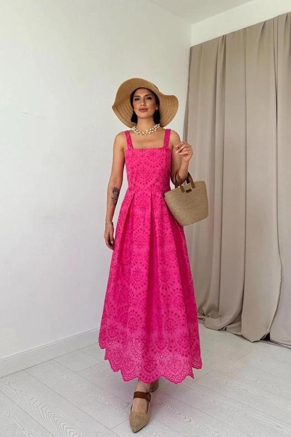Fuşya Askılı Aparatlı Brode Elbise - Image 1